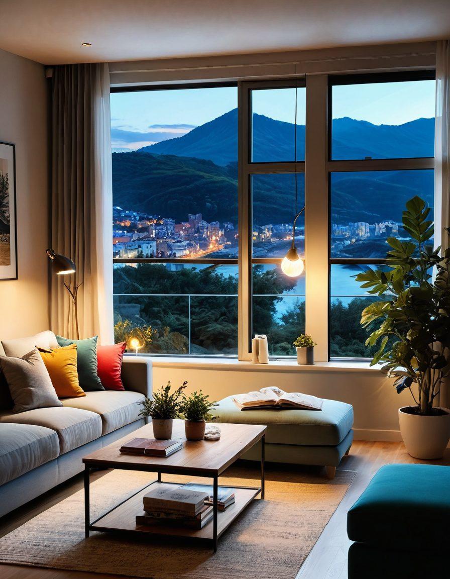 A cozy, stylish holiday apartment featuring plush furniture, soft lighting, and decorative elements that evoke a sense of comfort. Include a large window with a view of a scenic landscape, like a beach or mountains, and a well-set dining table. Add personal touches like books and plants to enhance the homely atmosphere. The overall ambiance should feel warm and inviting. super-realistic. vibrant colors. soft lighting.
