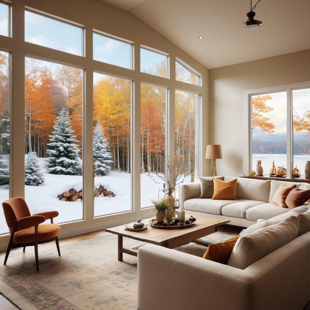 A cozy yet elegant holiday rental scene, showcasing a stylish living room with plush furnishings, soft lighting, and inviting decor. Include a welcoming dining area adorned with fine tableware and a subtle view of scenic nature through large windows. Blend in elements that suggest affordability, like price tags or discount symbols artfully integrated into the design. The atmosphere should feel luxurious yet accessible, inviting viewers to envision their own retreat. super-realistic. vibrant colors. 3D.