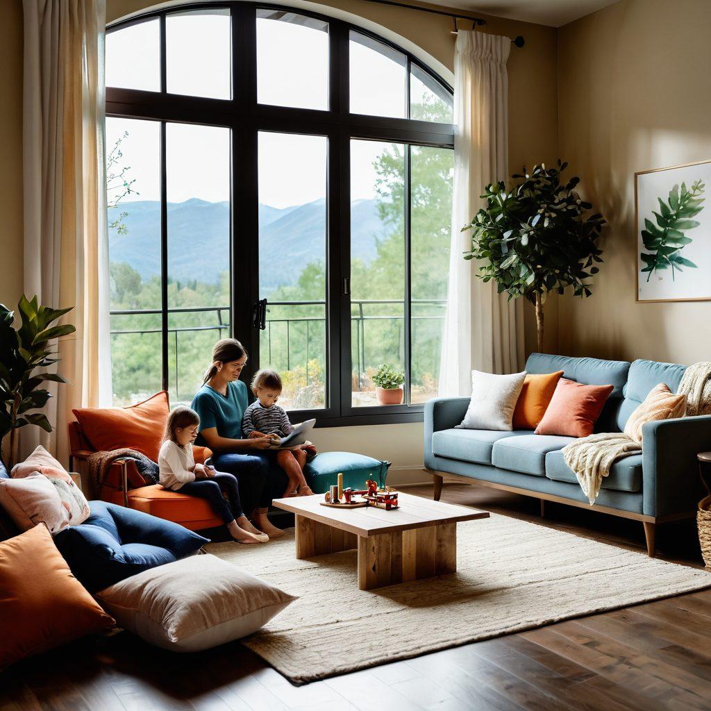 A cozy family gathering at a beautiful holiday rental, featuring a spacious living room with a large window showing a scenic view of nature. Children playing on the floor with toys, while parents are browsing a laptop for holiday deals. A warm, inviting atmosphere with soft lighting, comfortable furniture, and decorative touches like plants and photo frames. Include elements symbolizing budget-friendly options, like price tags or discount signs subtly in the background. super-realistic. vibrant colors. warm tones.